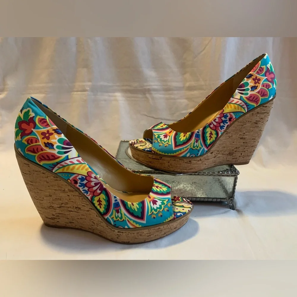 Vibrant Multicolor Floral Print Cork Wedge Heels